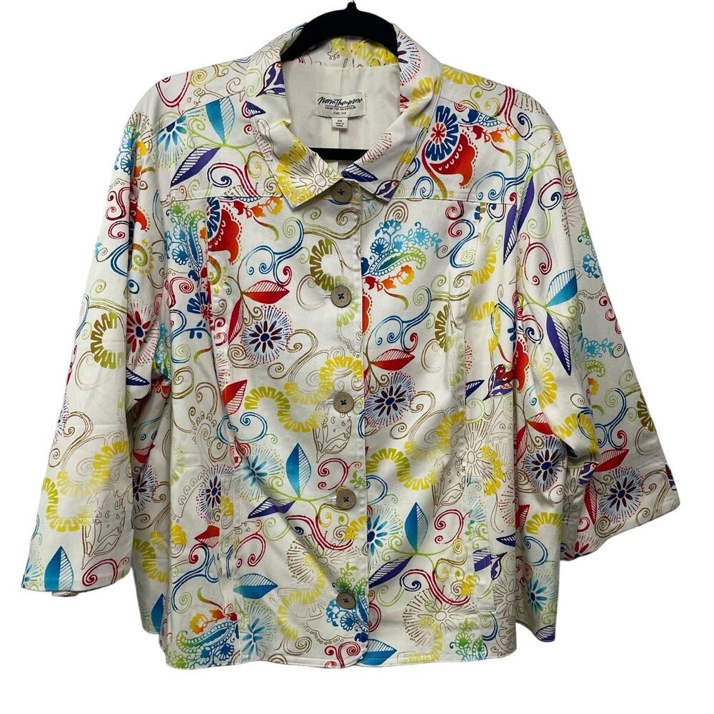 NWOT Norm Thompson Bright Floral 3/4 Sleeve Button Front Jacket White Women's 2X